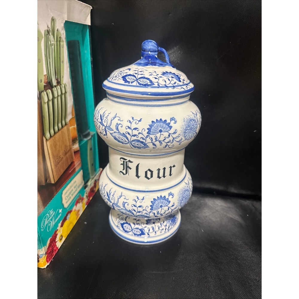Vintage Blue Onion Ceramic Flour Canister White Blue Floral Farmhouse  Jar